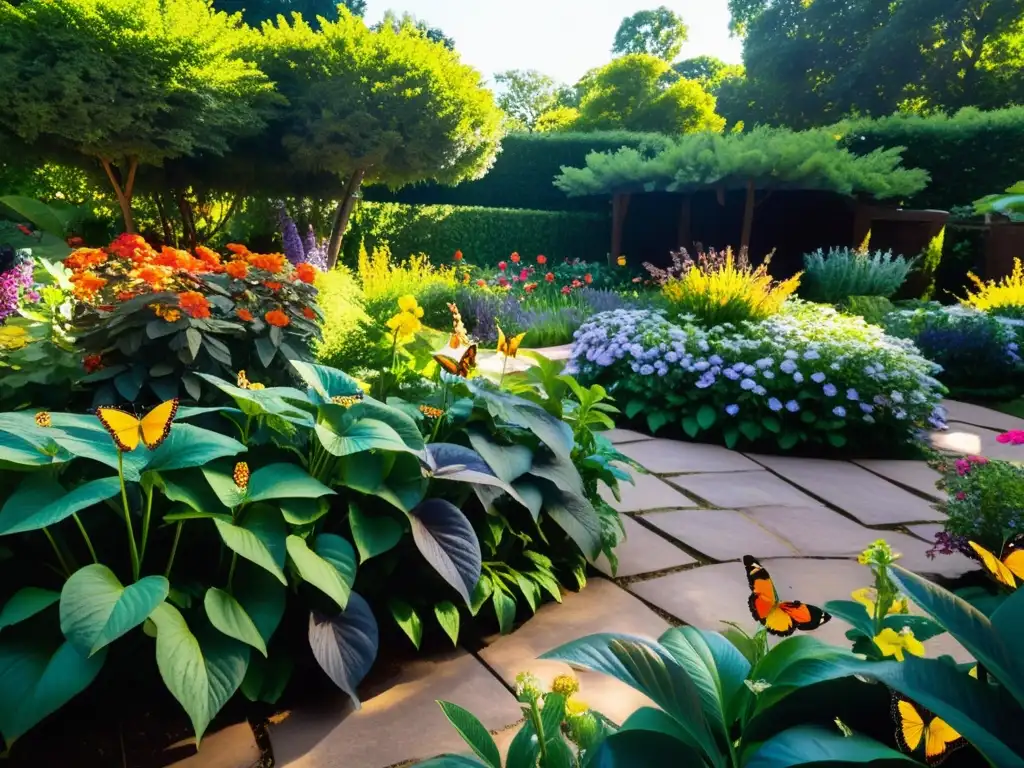 Jardín exuberante en plena floración, con flores coloridas y mariposas