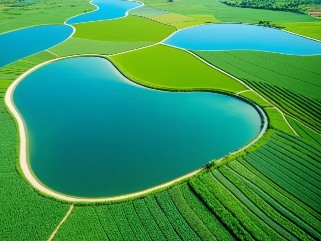 Una exuberante red de estanques de riego refleja el cielo azul en la agricultura oriental, destacando la armonía entre tradición y sostenibilidad