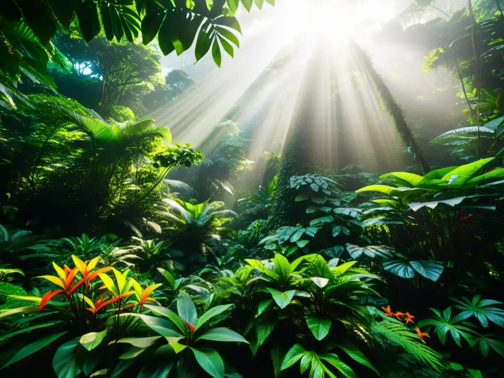 Una exuberante selva tropical en Asia, con árboles imponentes, flores coloridas y una variedad de vida silvestre