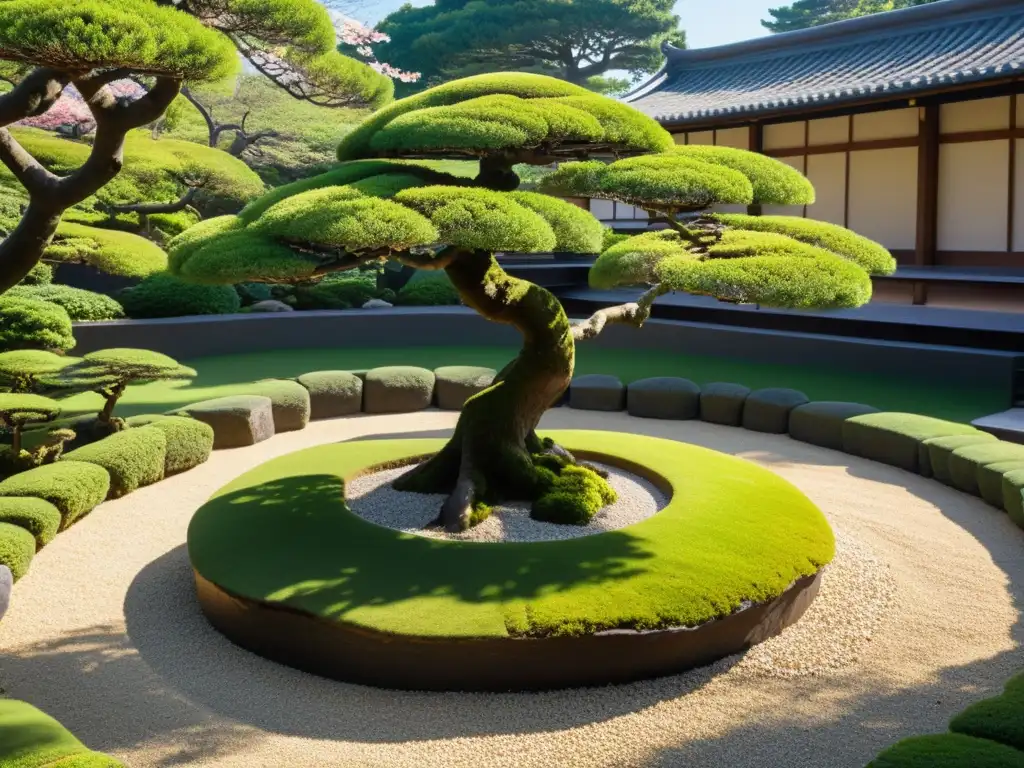 Un jardín japonés zen exuberante y sereno con árboles bonsái, rocas y una pagoda, refleja la relación entre budismo y ciencia