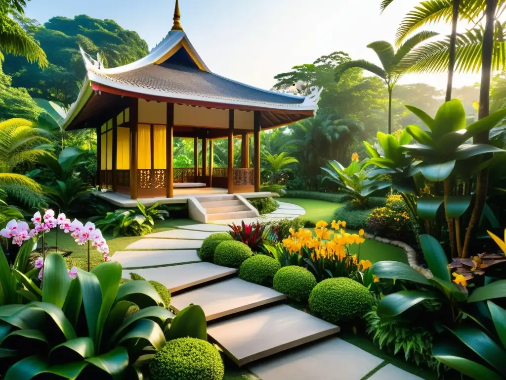 Jardín secreto en Tailandia, exuberante y tropical, con orquídeas vibrantes, palmeras altas y senderos serpenteantes