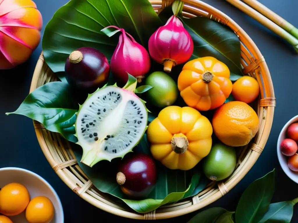 Una exuberante variedad de frutas y verduras asiáticas en cesta de bambú