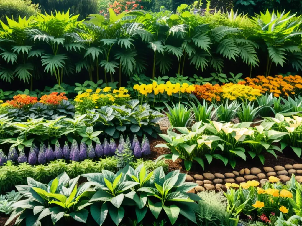 Una exuberante y vibrante jardinera de plantas medicinales asiáticas en casa, con una serena y próspera atmósfera de cultivo