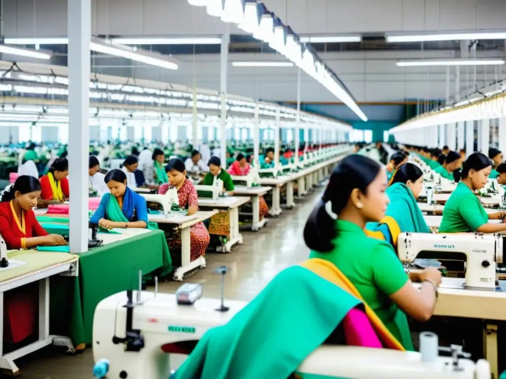 En una fábrica de moda asiática, las costureras trabajan en máquinas de coser mientras visten trajes tradicionales coloridos