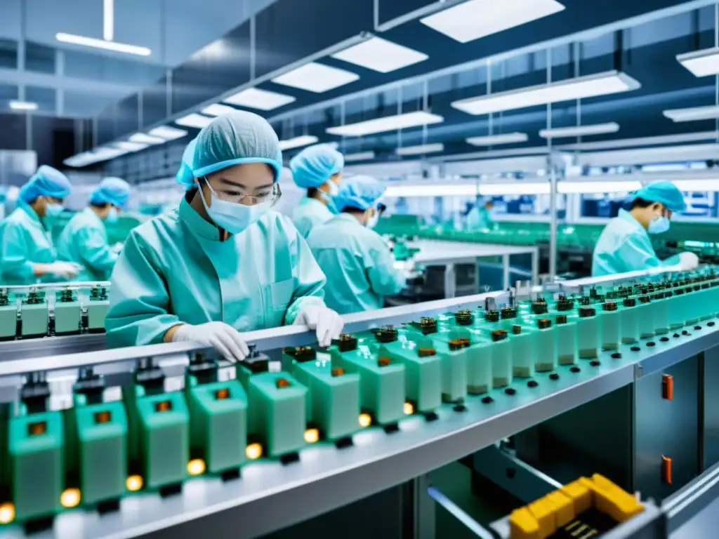 Una fábrica de semiconductores en Asia, con maquinaria avanzada y trabajadores en trajes limpios ensamblando componentes electrónicos