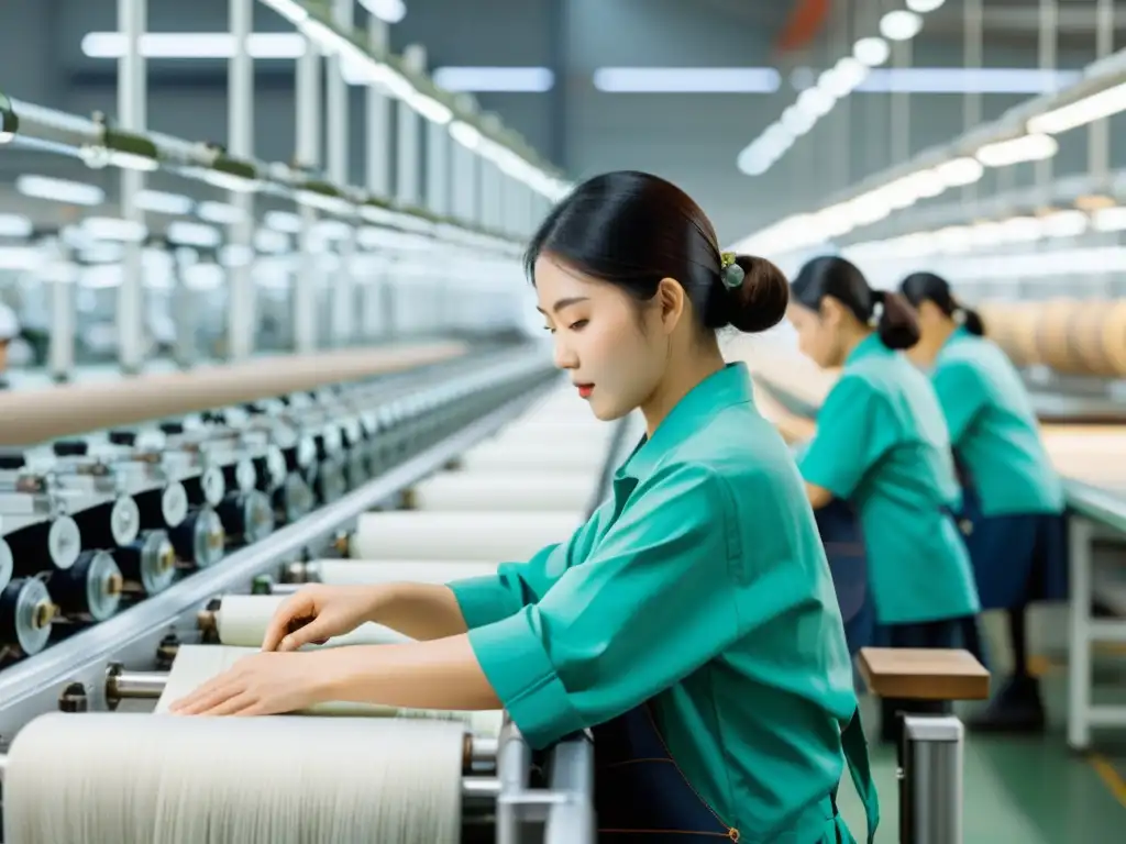 Una fábrica textil bulliciosa en Corea del Sur, con maquinaria moderna y trabajadores atentos