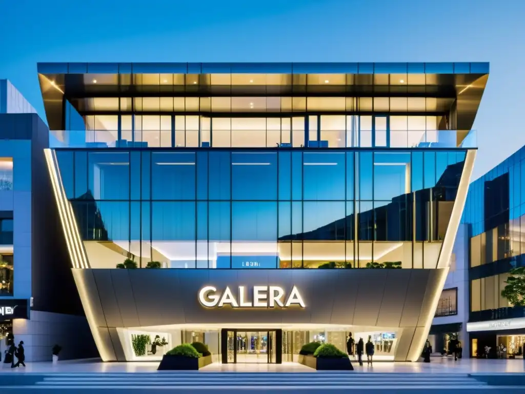 Fachada de vidrio ultramoderna de la 'Galleria Luxury Hall' en Seúl, con luces brillantes y compradores elegantes