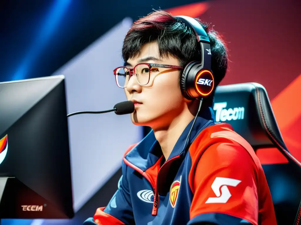 Faker, leyenda del esports, concentrado ante la pantalla Faker, el famoso jugador profesional de eSports, se enfoca intensamente frente a la pantalla de la computadora, rodeado de marcas como SK Telecom T1