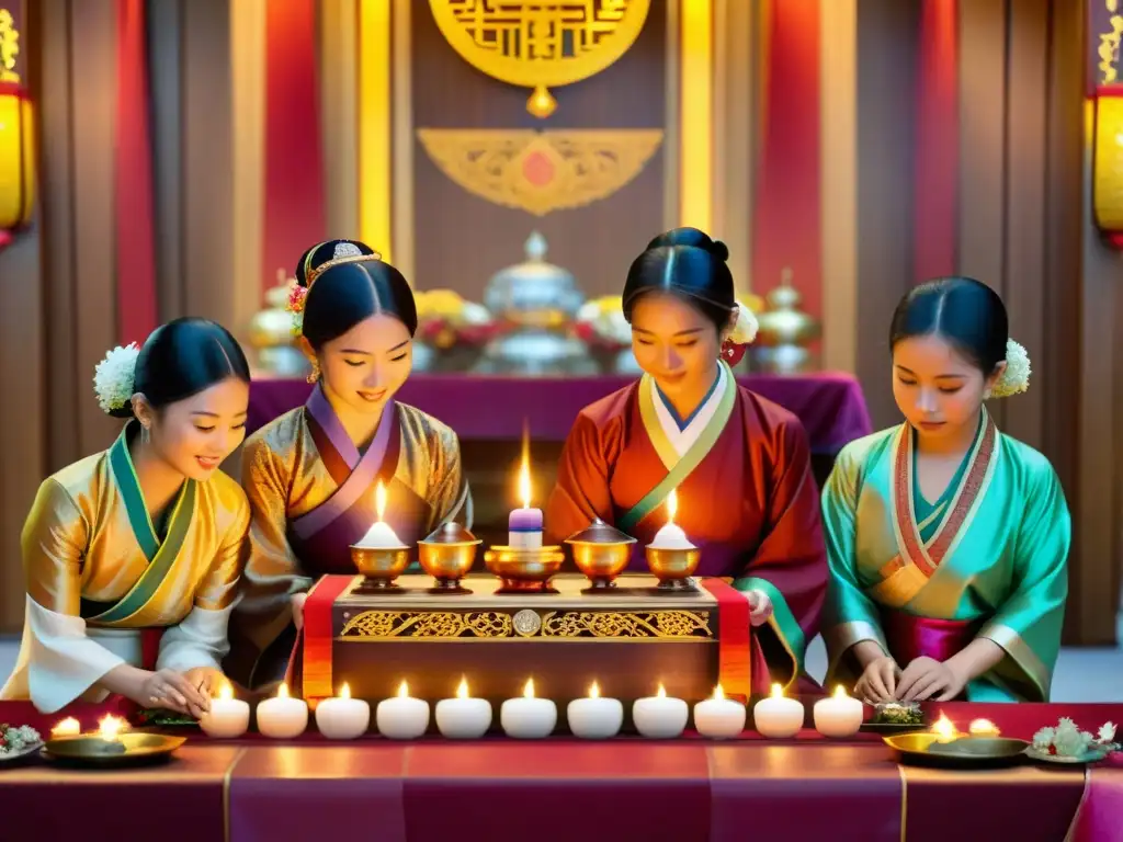 Una familia asiática se reúne alrededor de un altar decorado, participando en un ritual ceremonial