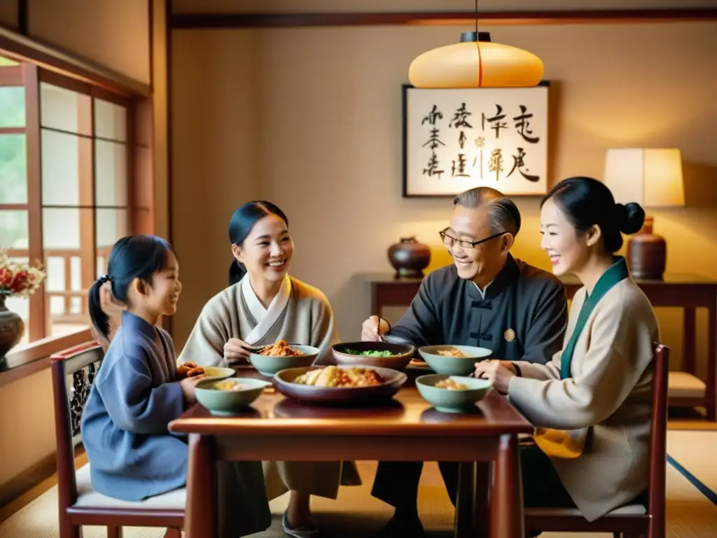 Una familia asiática tradicional comparte una comida en un ambiente cálido, reflejando la influencia del Confucianismo en familias asiáticas