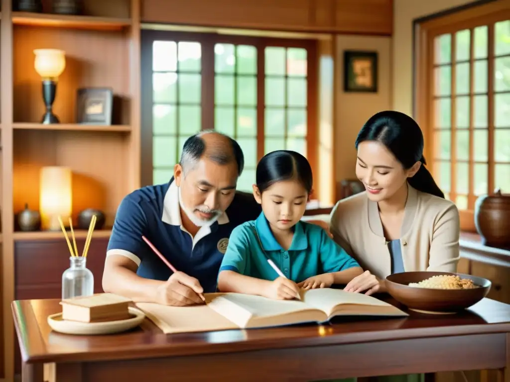 Una familia asiática moderna se reúne en casa para ayudar a sus hijos con la tarea
