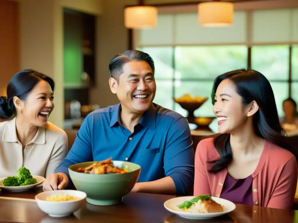 Una familia asiática moderna comparte risas y conversaciones en la mesa, reflejando la evolución de la vida familiar en Asia moderna