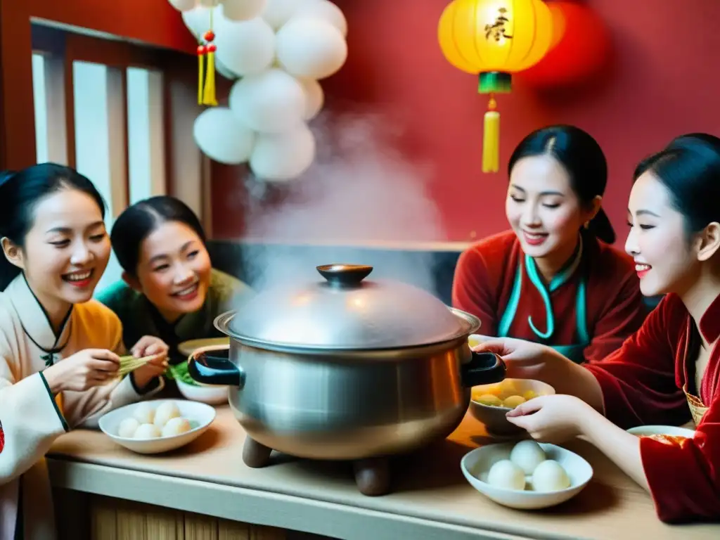 Una familia china se reúne alrededor de una olla de tangyuan en el Festival del Solsticio de Invierno, mostrando la importancia del Dongzhi en Asia