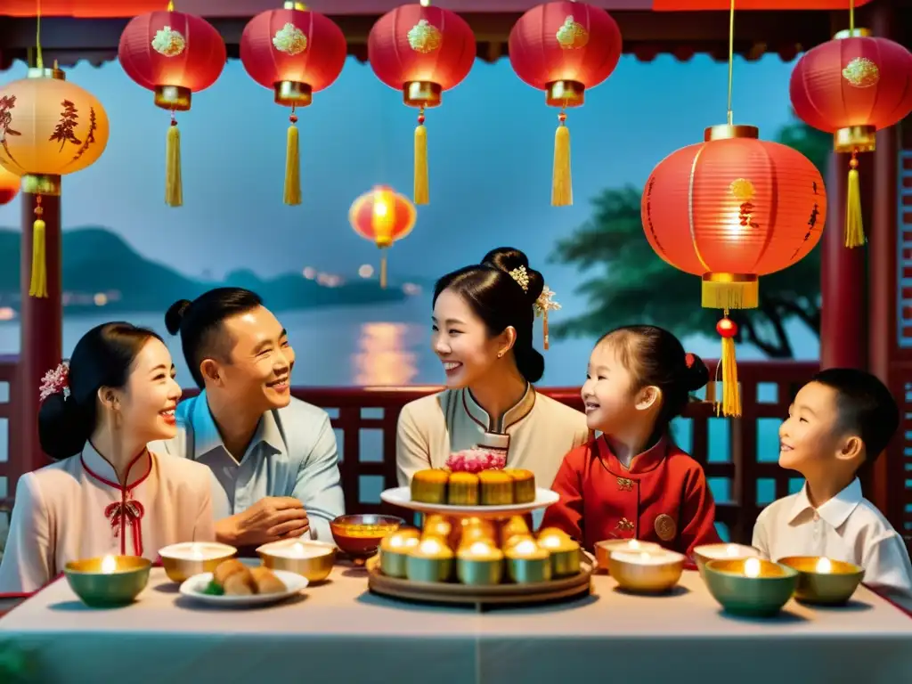 Una familia china disfruta de un festín tradicional de Festival de la Luna, iluminados por brillantes linternas