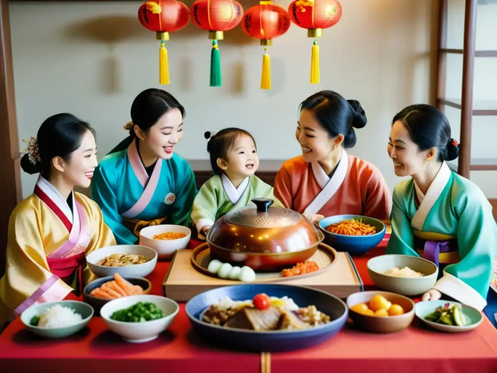 Una familia coreana celebra el Año Nuevo Lunar con tradiciones y unión familiar, vistiendo hanboks y participando en actividades tradicionales