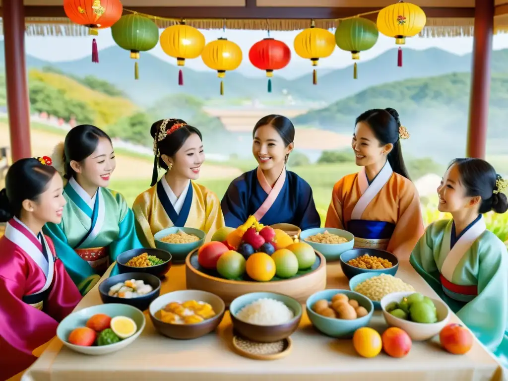 Familia coreana celebra el Festival Chuseok con hanboks, bailes y mesa llena de delicias tradicionales en el campo sereno de Corea