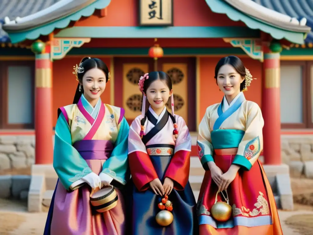 Una familia coreana viste Hanbok en Año Nuevo Lunar, resaltando la rica tradición y significado del evento