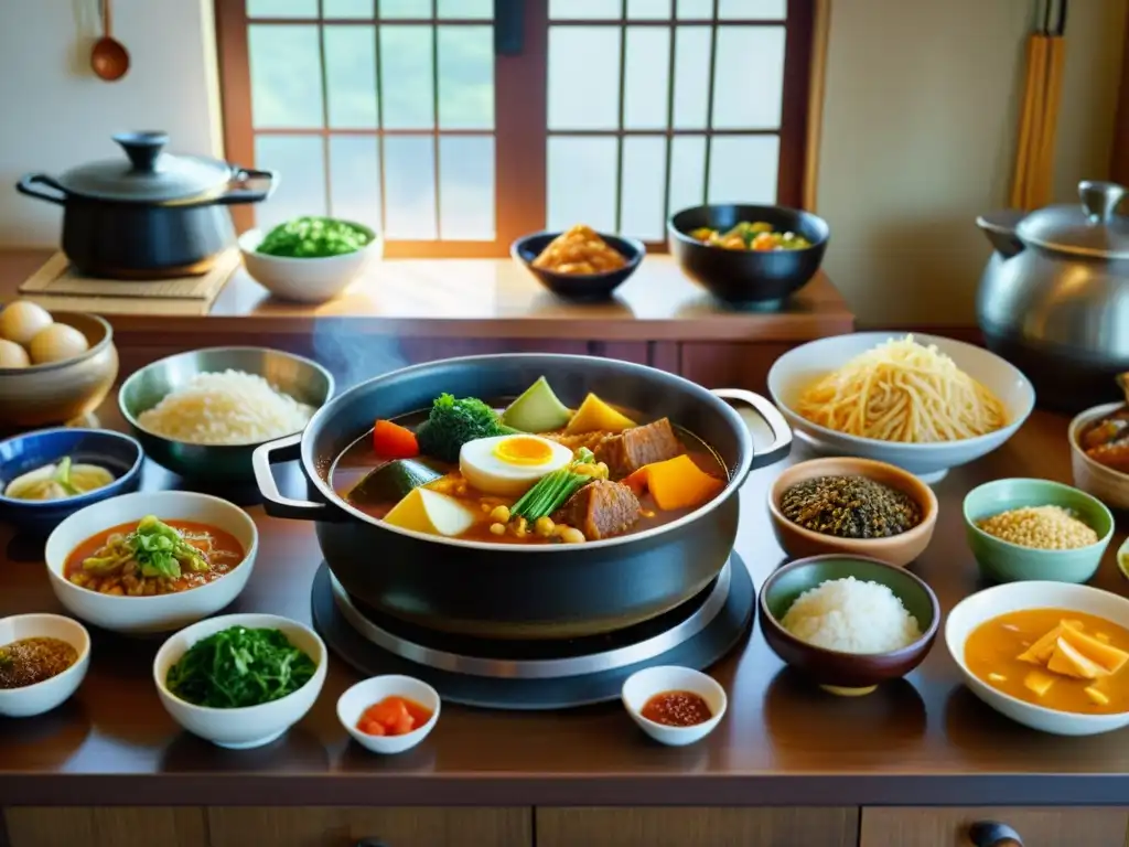 Una familia coreana preparando juntos un delicioso doenjang jjigae en una cocina tradicional, transmitiendo calidez y tradición