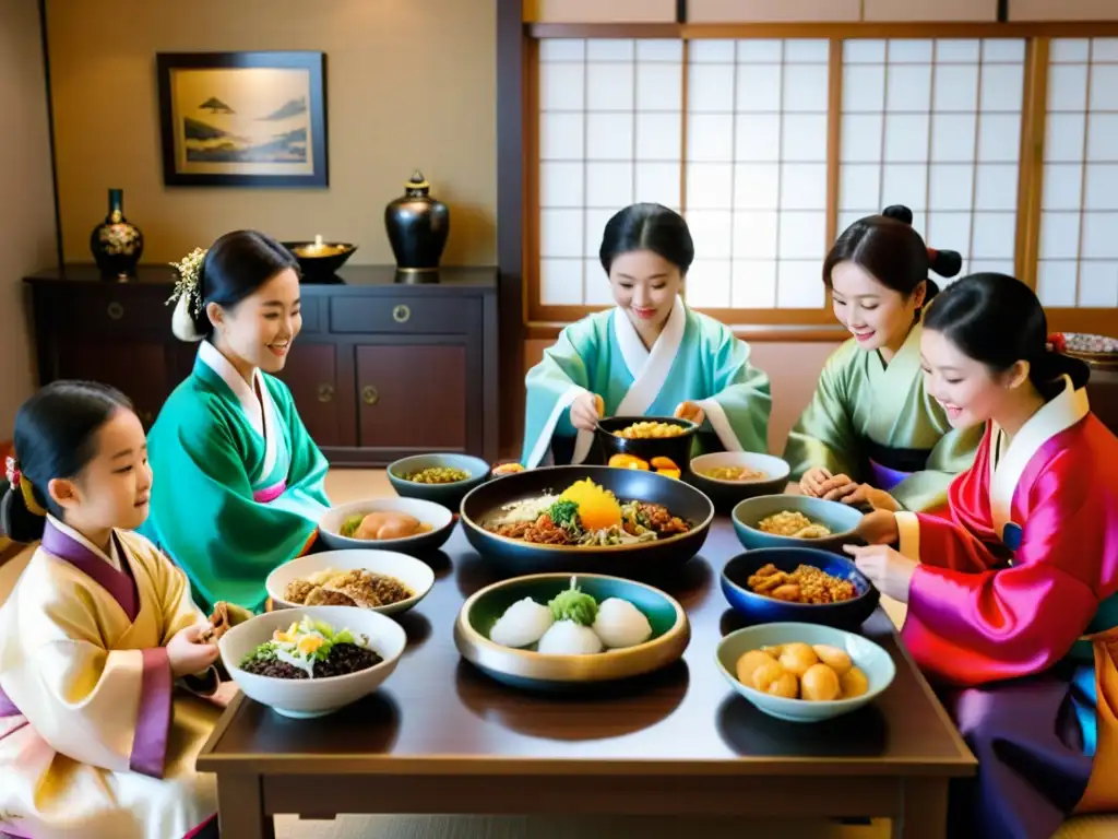 Una familia coreana se reúne alrededor de una mesa tradicional, celebrando Seollal con rituales ancestrales y deliciosa comida