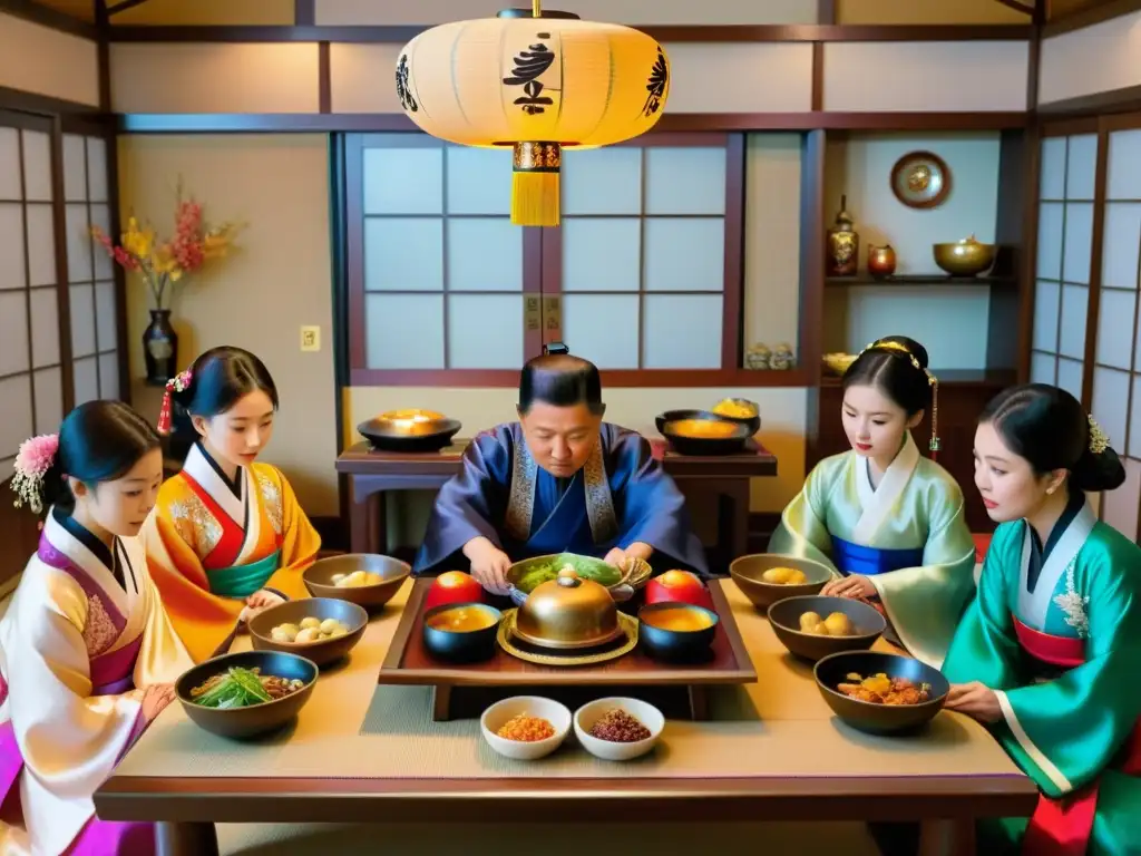 Una familia coreana celebra el Seollal con una mesa tradicionalmente decorada y vestimenta hanbok colorida