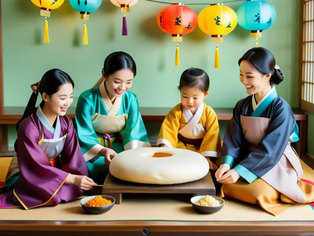 Una familia coreana se reúne para elaborar songpyeon durante el Festival Chuseok, vistiendo hanbok y rodeada de decoraciones tradicionales