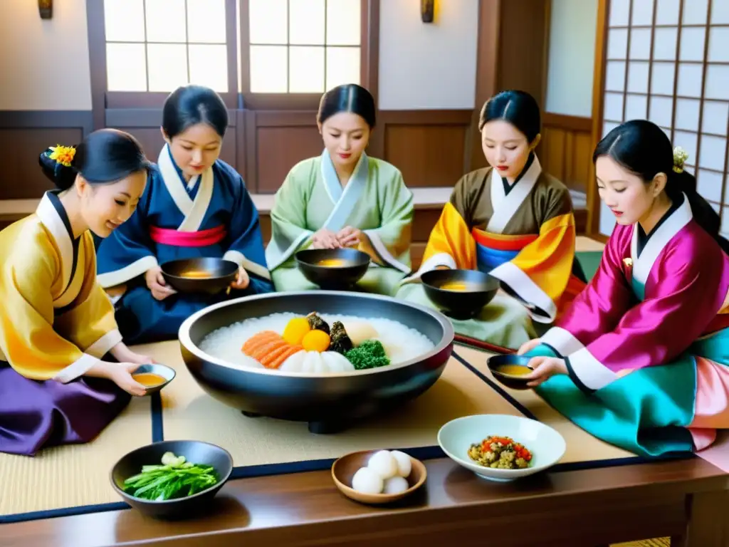 Una familia coreana celebra la tradición Seollal con un emotivo ritual, vestidos con hanboks y compartiendo tteokguk y platillos