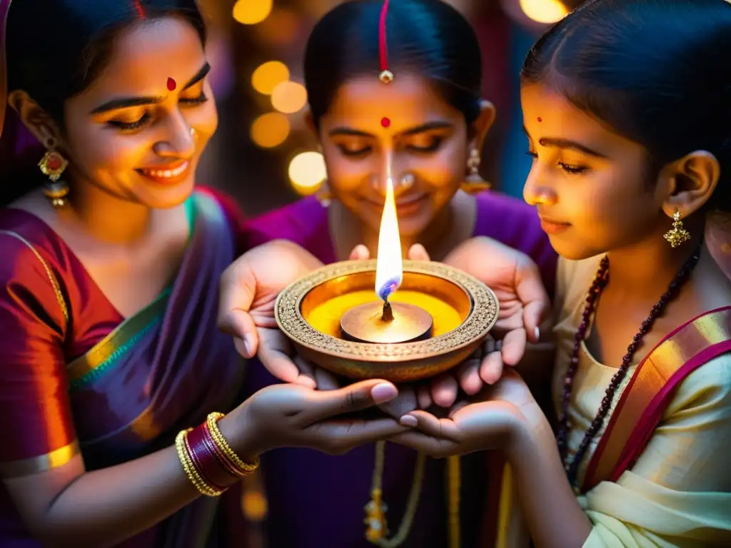 Una familia se reúne alrededor de un diya decorado durante Diwali, capturando el significado espiritual de la festividad