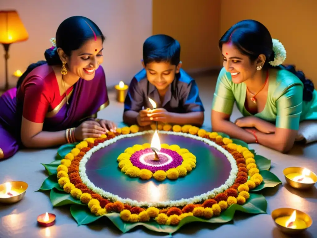 Una familia celebra el Festival Diwali con rangoli, lámparas de aceite y dulces tradicionales, transmitiendo significado y celebración