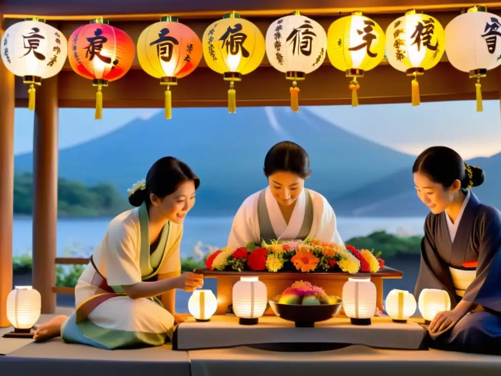 Familia japonesa en el Festival Obon honrando ancestros, iluminada por coloridas linternas en altar decorado