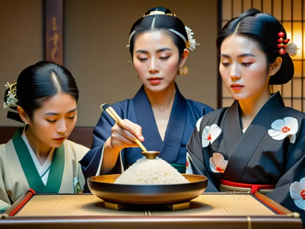 Una familia japonesa realiza un ritual durante el Yakudoshi, rodeada de elementos simbólicos en una atmósfera solemne y reverente