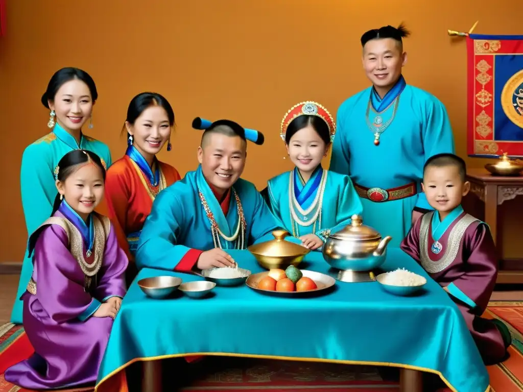 Familia mongola celebrando los rituales ancestrales del Tsagaan Sar con decoraciones tradicionales y coloridos atuendos en una cálida reunión festiva