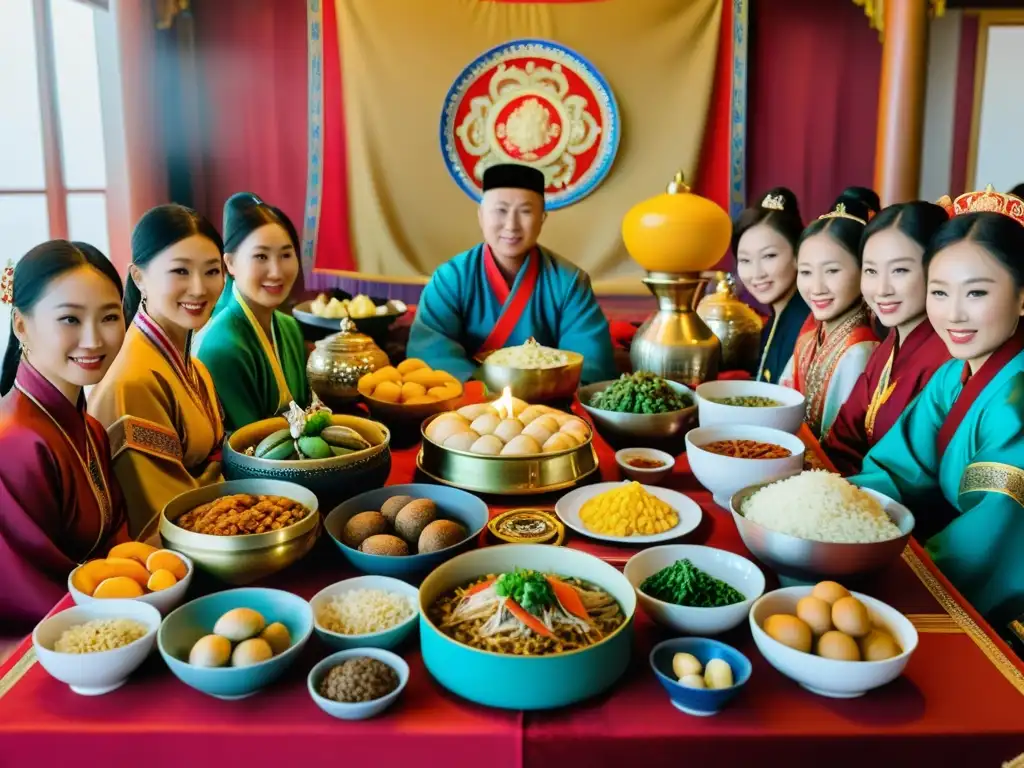 Una familia mongola celebra los rituales ancestrales del Tsagaan Sar con comida tradicional y vestimenta colorida en una mesa bellamente decorada