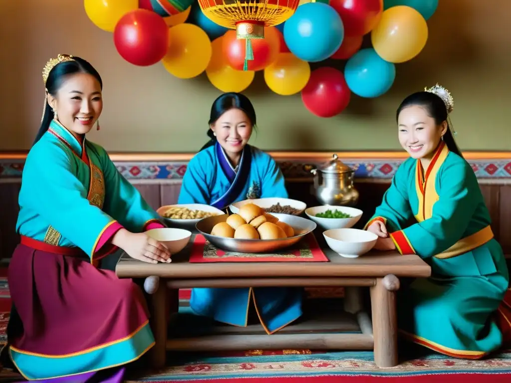 Una familia mongola celebra el Tsagaan Sar con rituales ancestrales y comida tradicional en una mesa bellamente decorada