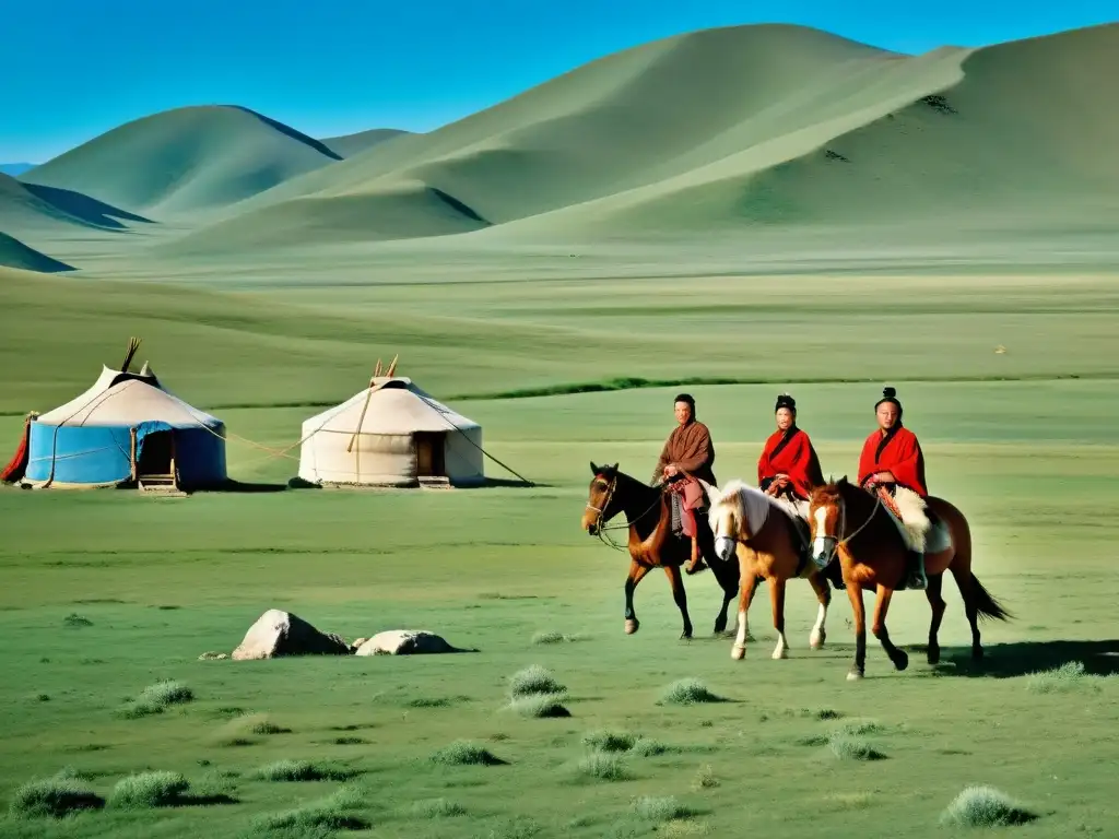 Una familia nómada mongola viaja a caballo por la vasta estepa, mostrando el desafío de la educación nómada en Mongolia