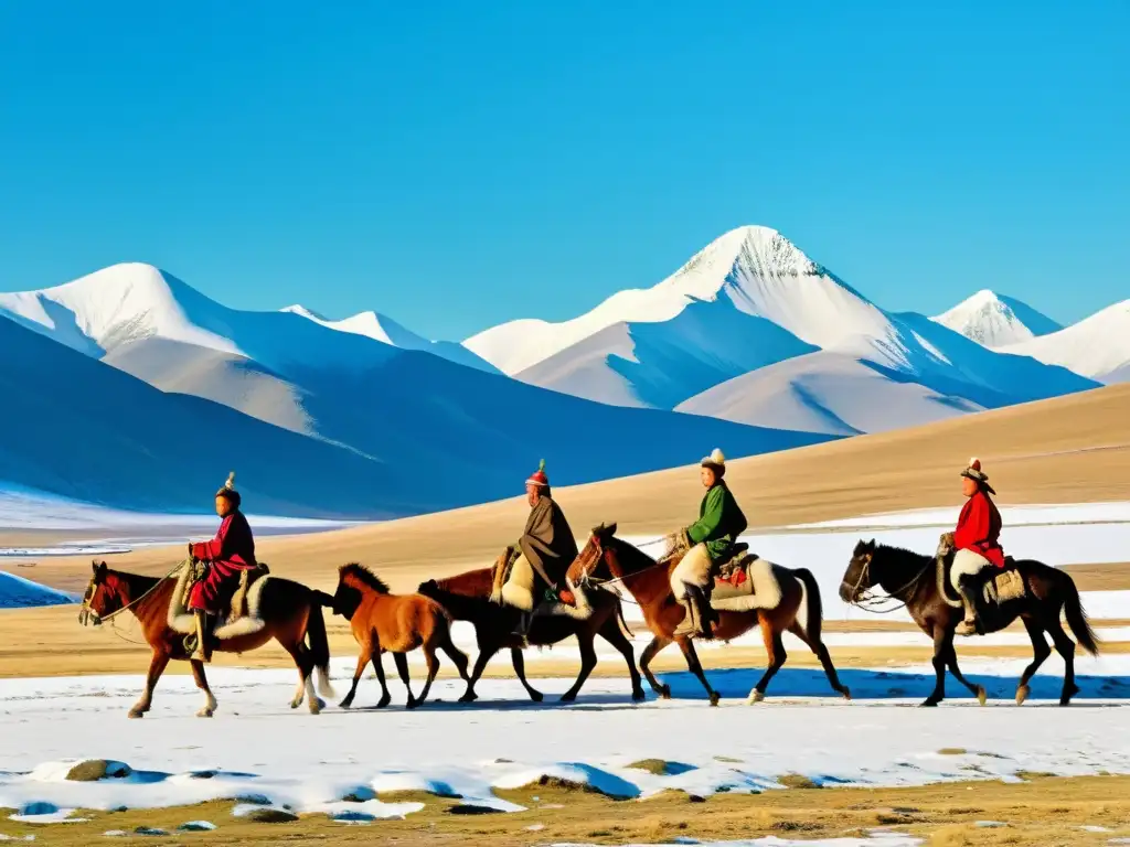 Una familia nómada de Mongolia viaja a caballo por el vasto paisaje, con yurtas tradicionales y ganado