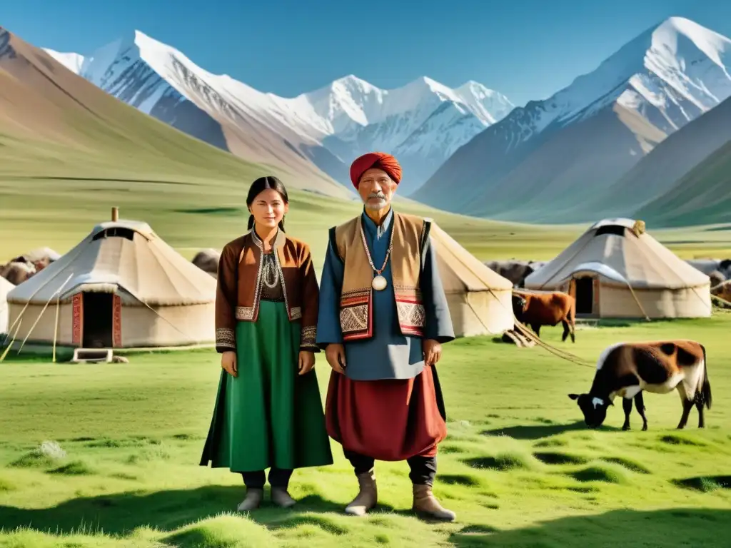 Una familia nómada en Asia Central con sus yurtas, ganado y vestimenta tradicional, capturados en una impresionante imagen 8K