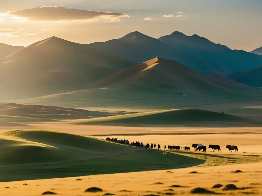 Una familia nómada mongola en la vasta estepa, desafiando la educación nómada Mongolia, con yurtas y un atardecer impresionante