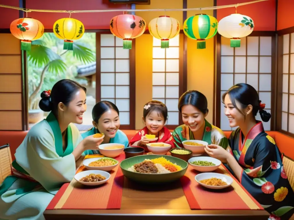 Una familia tradicional de Okinawa disfruta de una colorida comida alrededor de una mesa baja, iluminada por faroles