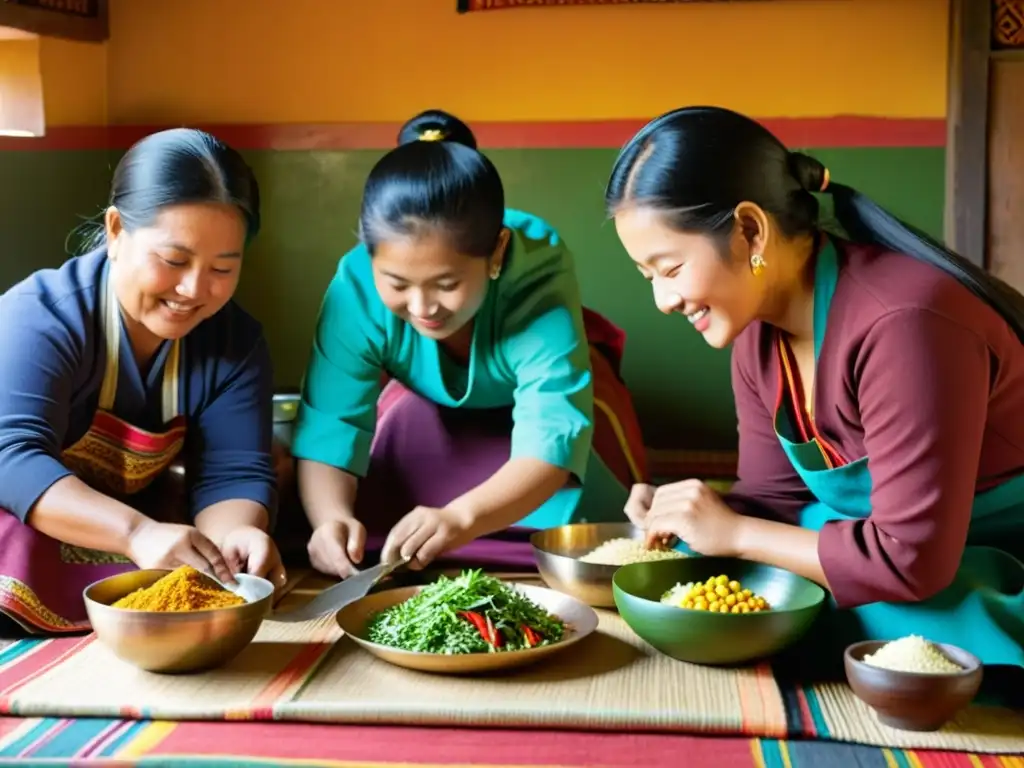 Una familia tradicional de Bután prepara una comida elaborada con especias y productos frescos en una cocina rústica