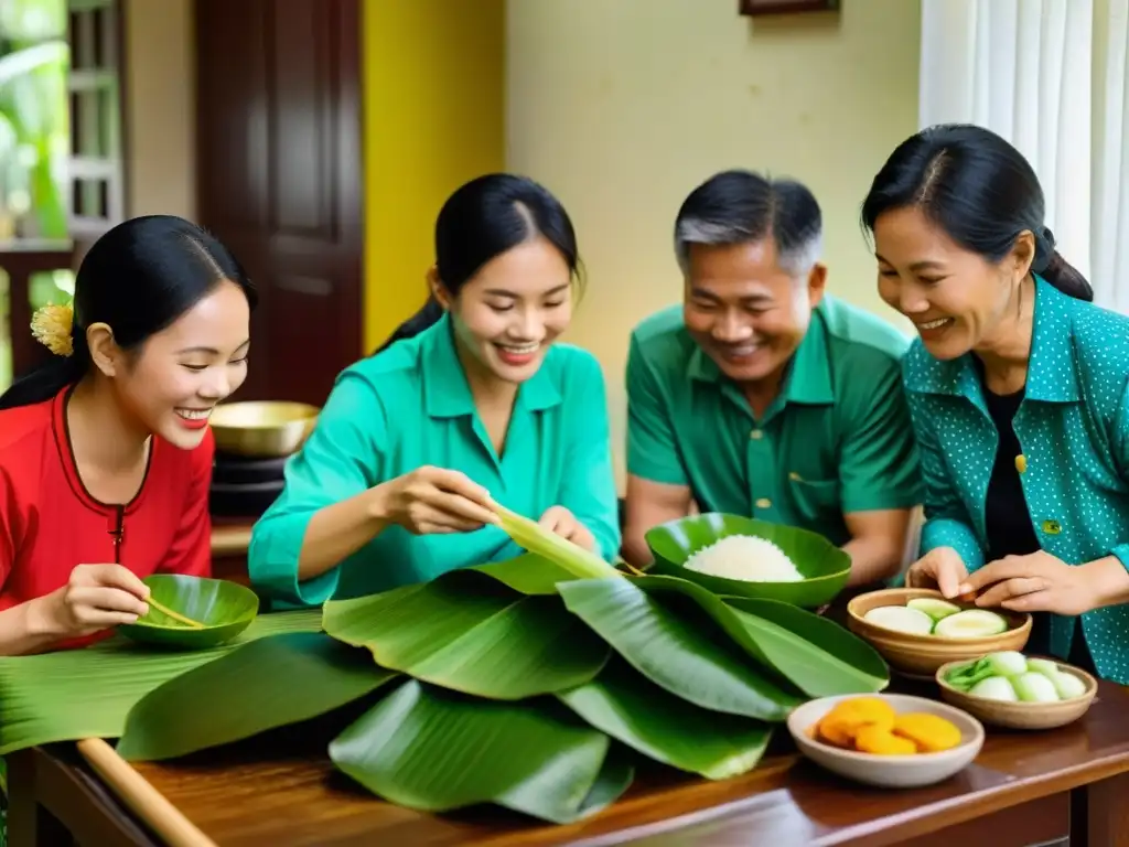 Una familia vietnamita se reúne en la cocina para preparar platos tradicionales del Tet Nguyen Dan, como banh chung y vegetales encurtidos