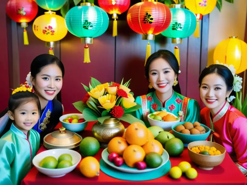 Una familia vietnamita celebra el Tet Nguyen Dan con una mesa bellamente decorada y vestimenta tradicional ao dai, capturando la significación del Año Nuevo Vietnamita