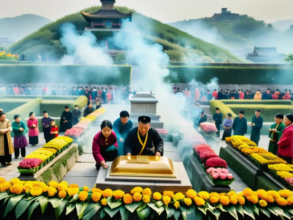 Familias honrando a sus ancestros durante el Festival Qingming en China, con ofrendas y una atmósfera de reverencia y tradición ancestral