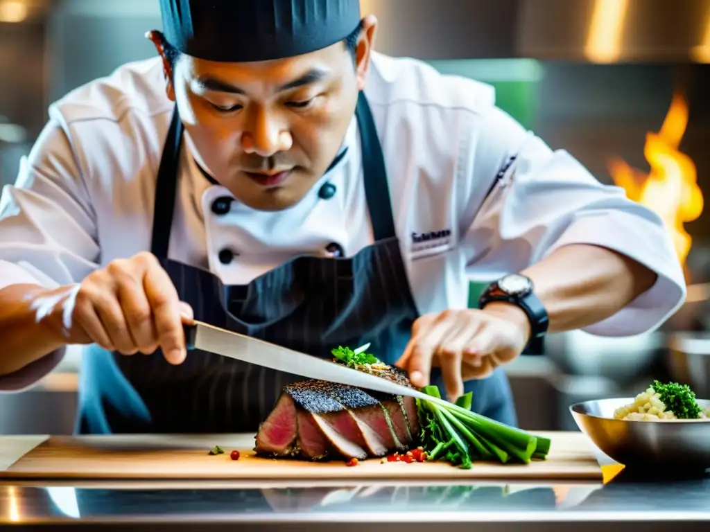 Un famoso chef asiático celebra su destreza con un cuchillo afilado mientras prepara un plato intrincado con ingredientes frescos