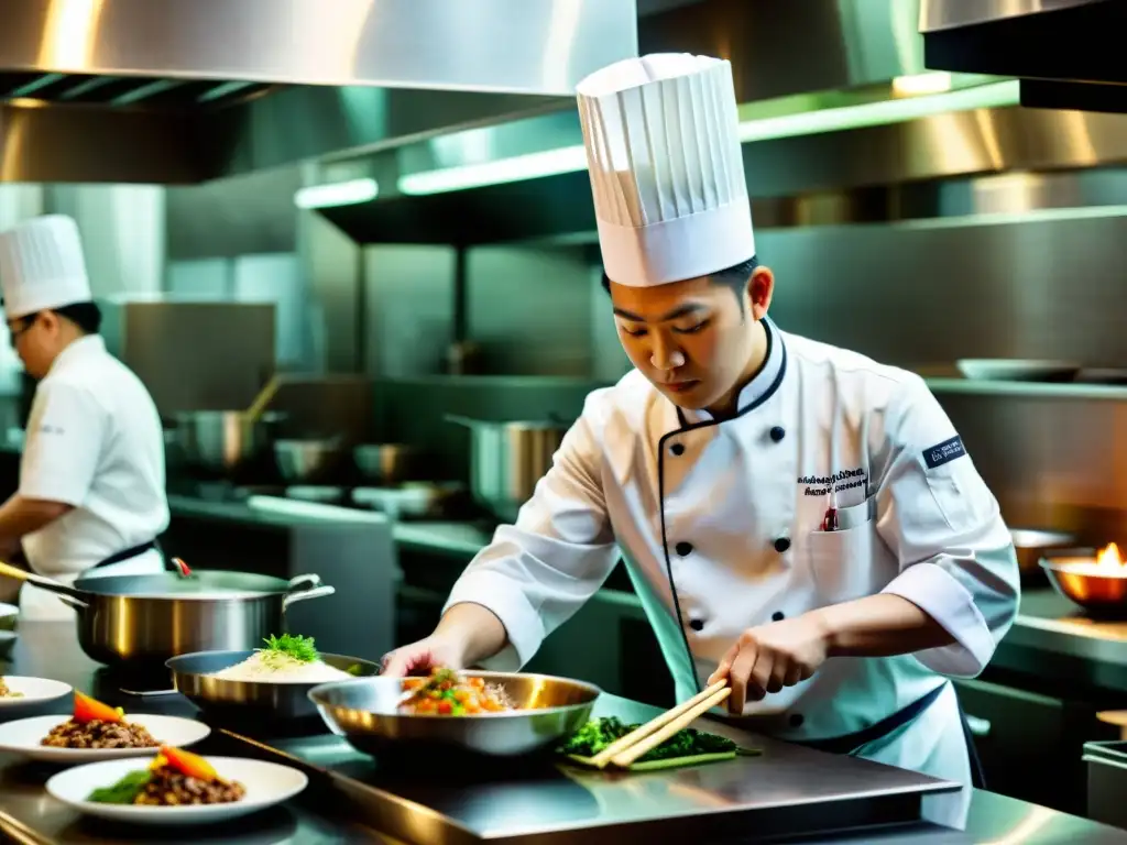 Un famoso chef asiático lidera su equipo en una bulliciosa cocina, mostrando la pasión y precisión detrás de las historias de éxito de chefs asiáticos