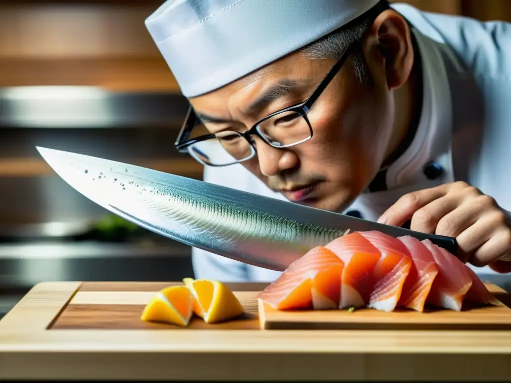 El famoso chef asiático Masaharu Morimoto corta sashimi con precisión y pasión, reflejando historias de éxito de chefs asiáticos