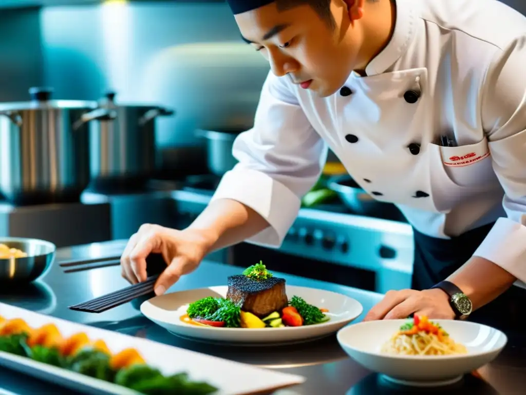 Un famoso chef con Estrella Michelin fusiona técnicas innovadoras en un elegante plato asiático en una cocina de vanguardia