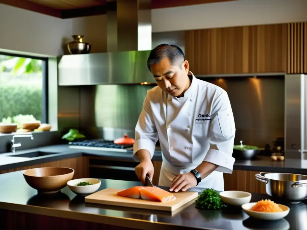 El famoso chef Nobu Matsuhisa prepara con precisión un plato japonés en su cocina minimalista, capturando su filosofía culinaria