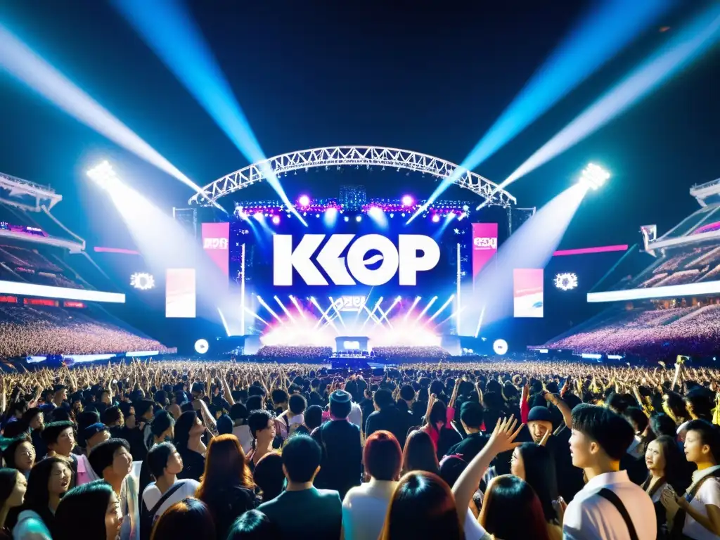 Inversión en KPop: Concierto electrificante con fanáticos entusiastas, luces vibrantes y ambiente comercial dinámico