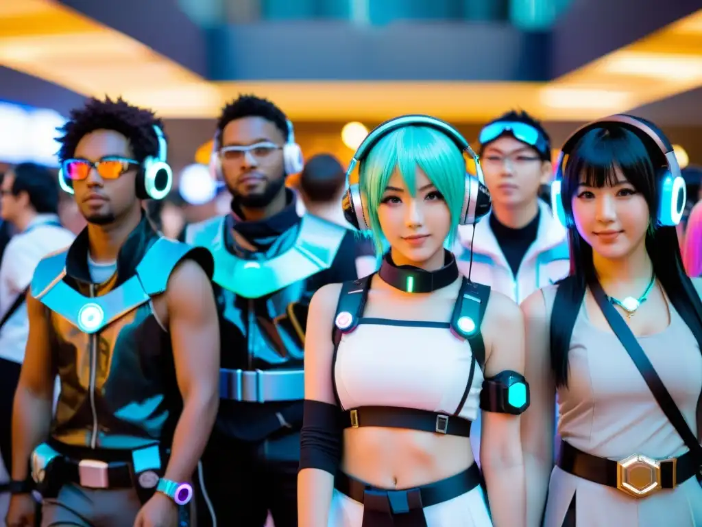 Fans de anime en cosplay cyberpunk con accesorios tecnología portátil anime, rodeados de neón y tecnología futurista