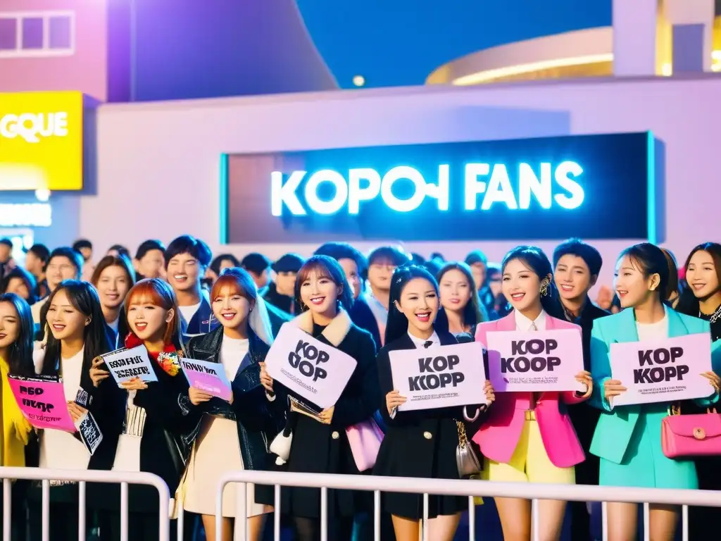 Fans del KPop vistiendo atuendos coloridos y sosteniendo pancartas, esperando ansiosos afuera del concierto